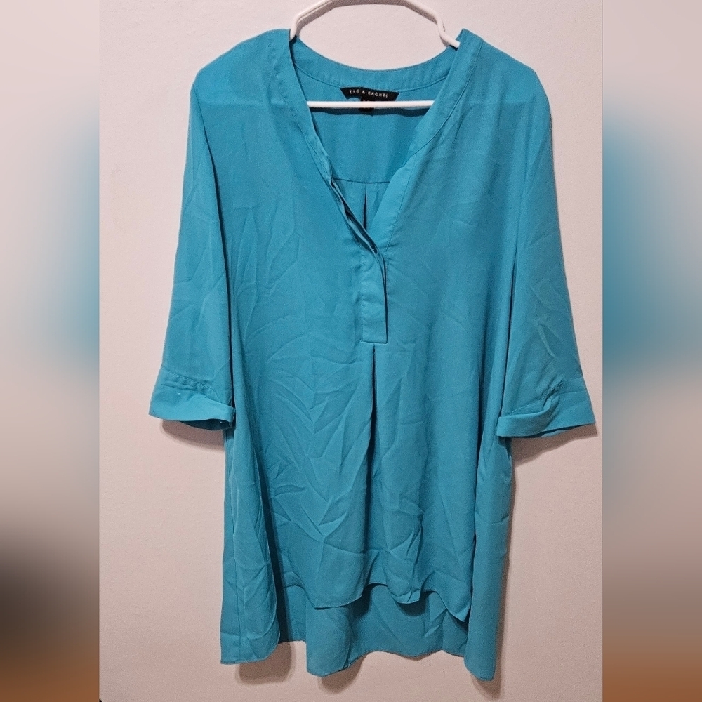 Zac & Rachel Teal Women Blouse Semi Sheer 3/4 Sleeve Tunic Top V Neck XL B9